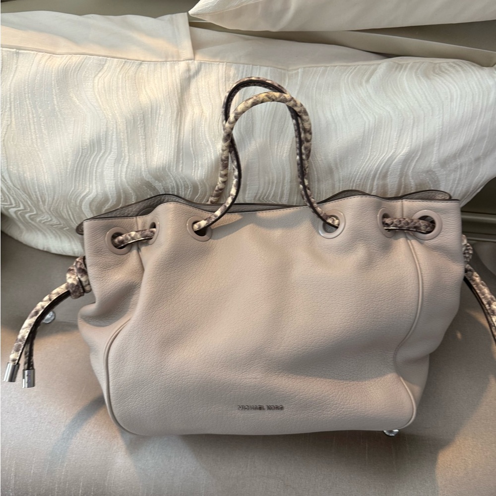 Michael Kors Light Taupe Pebbled Leather Drawstring Tote